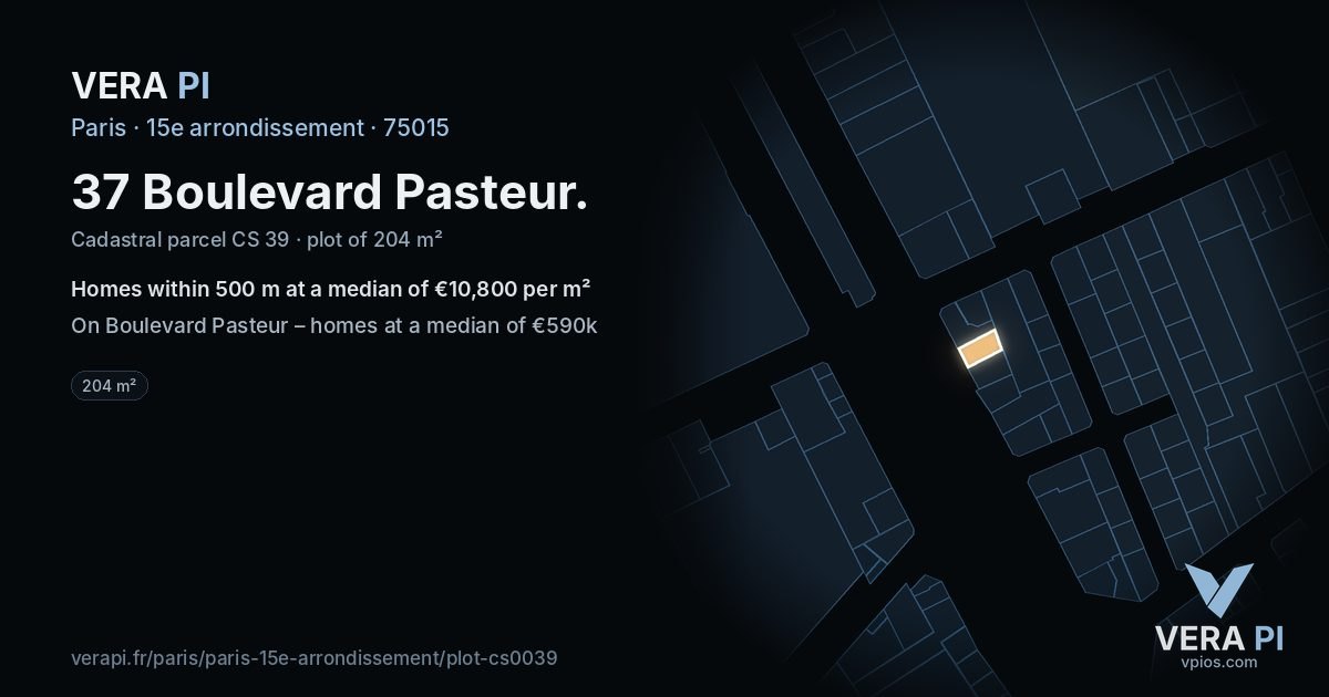 37 Boulevard Pasteur, 15e arrondissement at night – the plot lit, the parcels around coloured by the prices near them