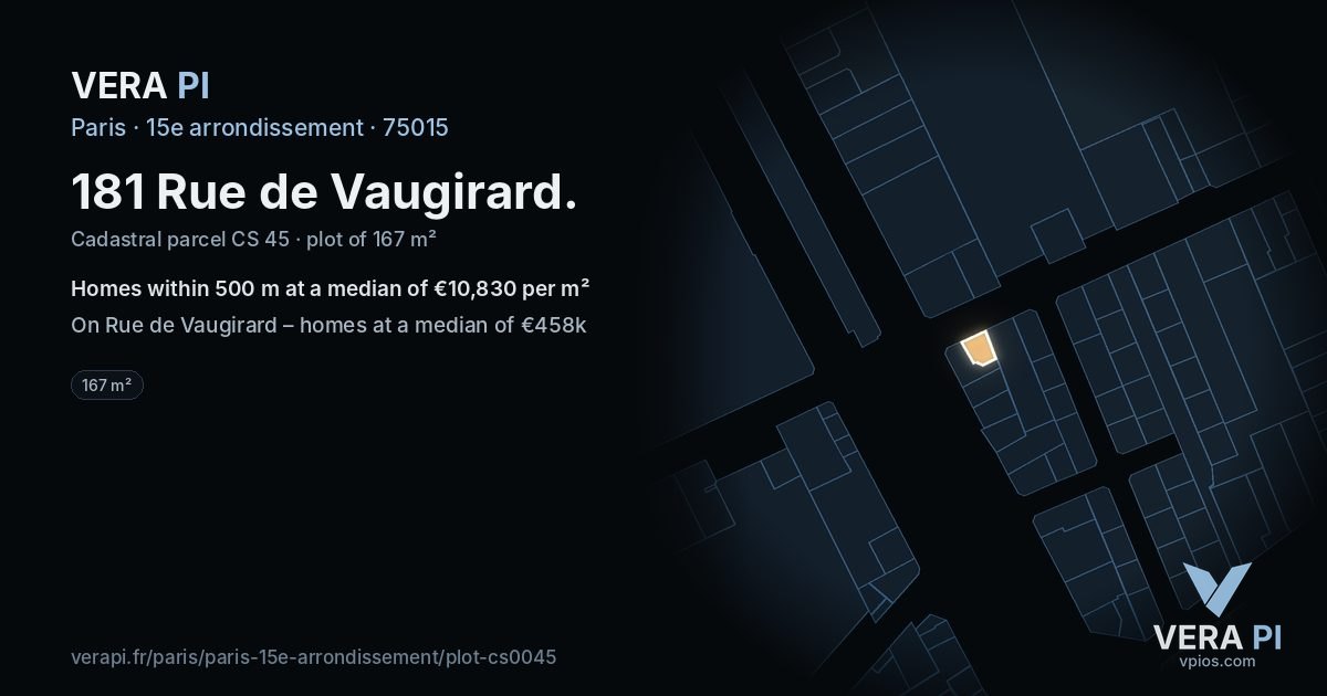 181 Rue de Vaugirard, 15e arrondissement at night – the plot lit, the parcels around coloured by the prices near them