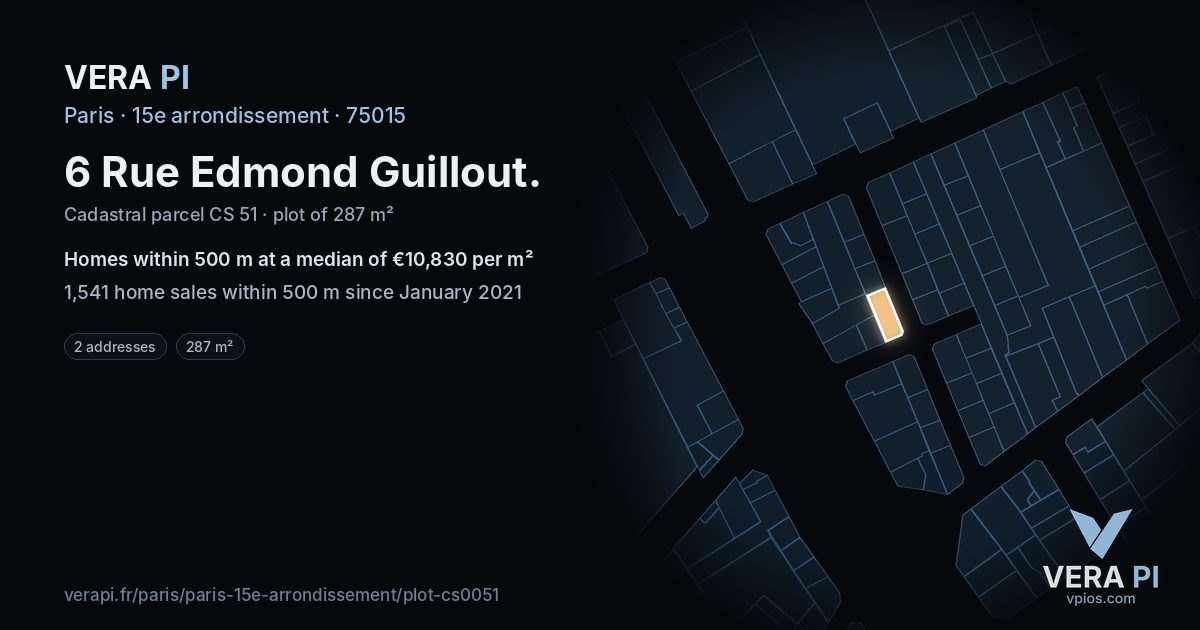 6 Rue Edmond Guillout, 15e arrondissement at night – the plot lit, the parcels around coloured by the prices near them
