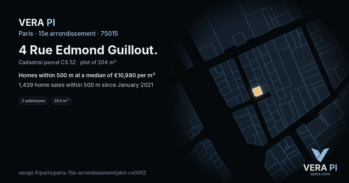 4 Rue Edmond Guillout, 15e arrondissement at night – the plot lit, the parcels around coloured by the prices near them
