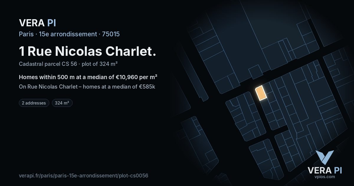 1 Rue Nicolas Charlet, 15e arrondissement at night – the plot lit, the parcels around coloured by the prices near them