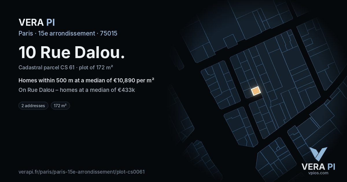 10 Rue Dalou, 15e arrondissement at night – the plot lit, the parcels around coloured by the prices near them
