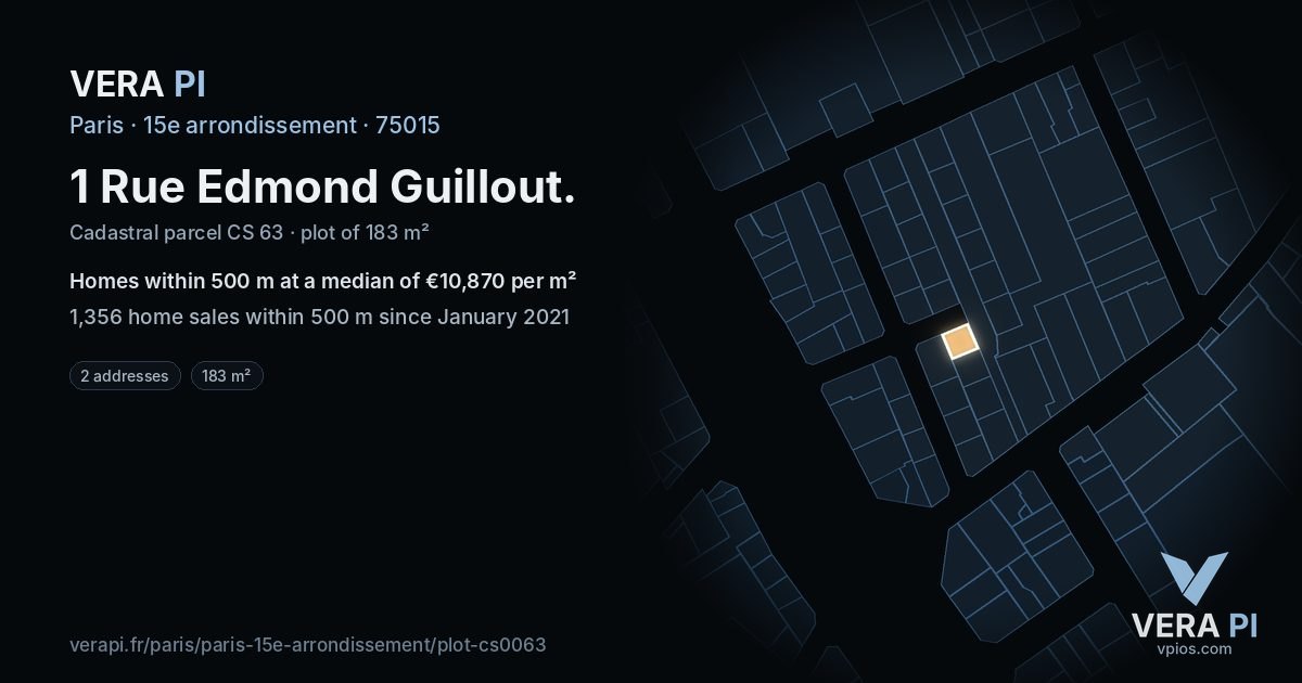 1 Rue Edmond Guillout, 15e arrondissement at night – the plot lit, the parcels around coloured by the prices near them