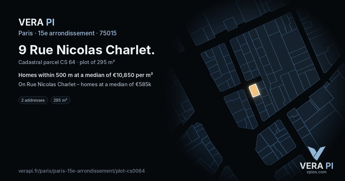 9 Rue Nicolas Charlet, 15e arrondissement at night – the plot lit, the parcels around coloured by the prices near them