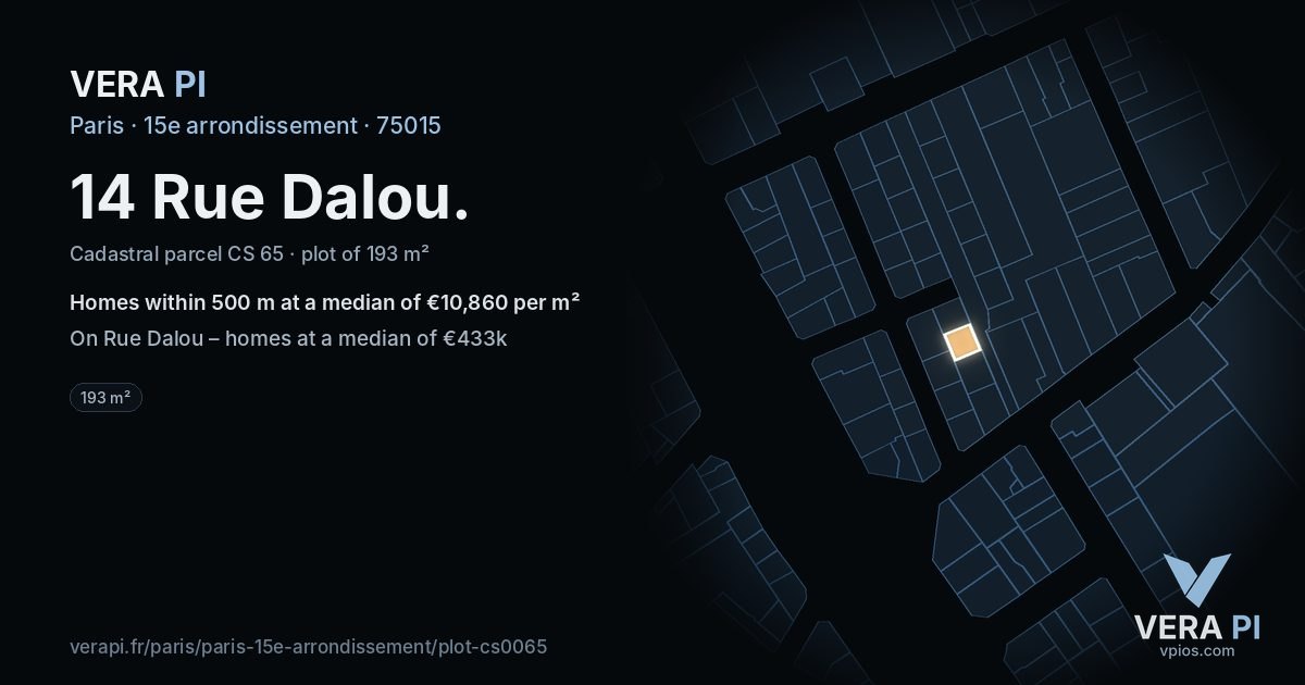 14 Rue Dalou, 15e arrondissement at night – the plot lit, the parcels around coloured by the prices near them