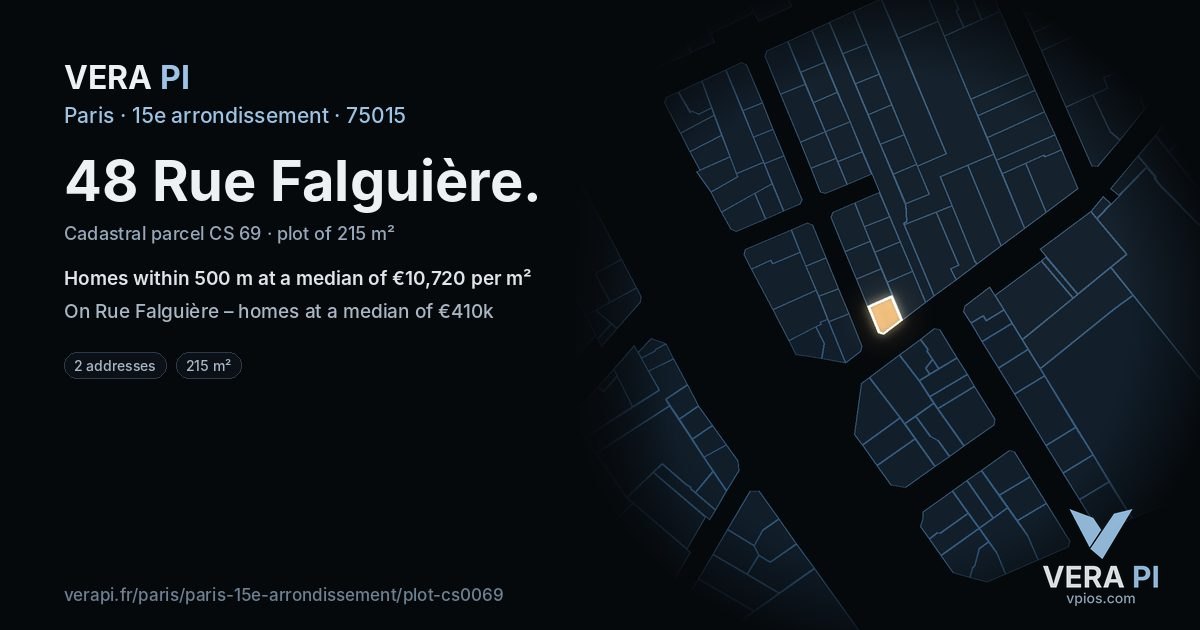 48 Rue Falguière, 15e arrondissement at night – the plot lit, the parcels around coloured by the prices near them
