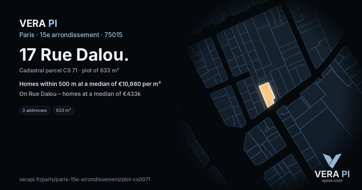 17 Rue Dalou, 15e arrondissement at night – the plot lit, the parcels around coloured by the prices near them