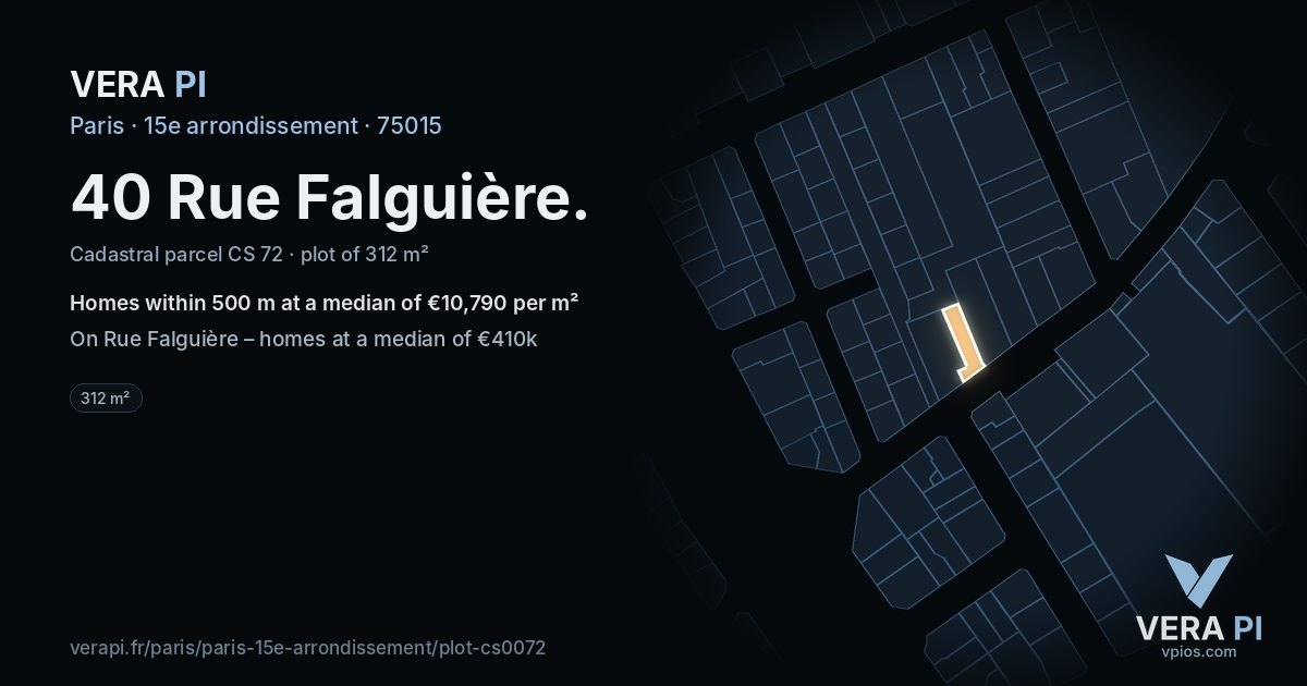 40 Rue Falguière, 15e arrondissement at night – the plot lit, the parcels around coloured by the prices near them