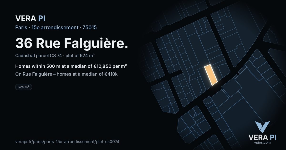 36 Rue Falguière, 15e arrondissement at night – the plot lit, the parcels around coloured by the prices near them