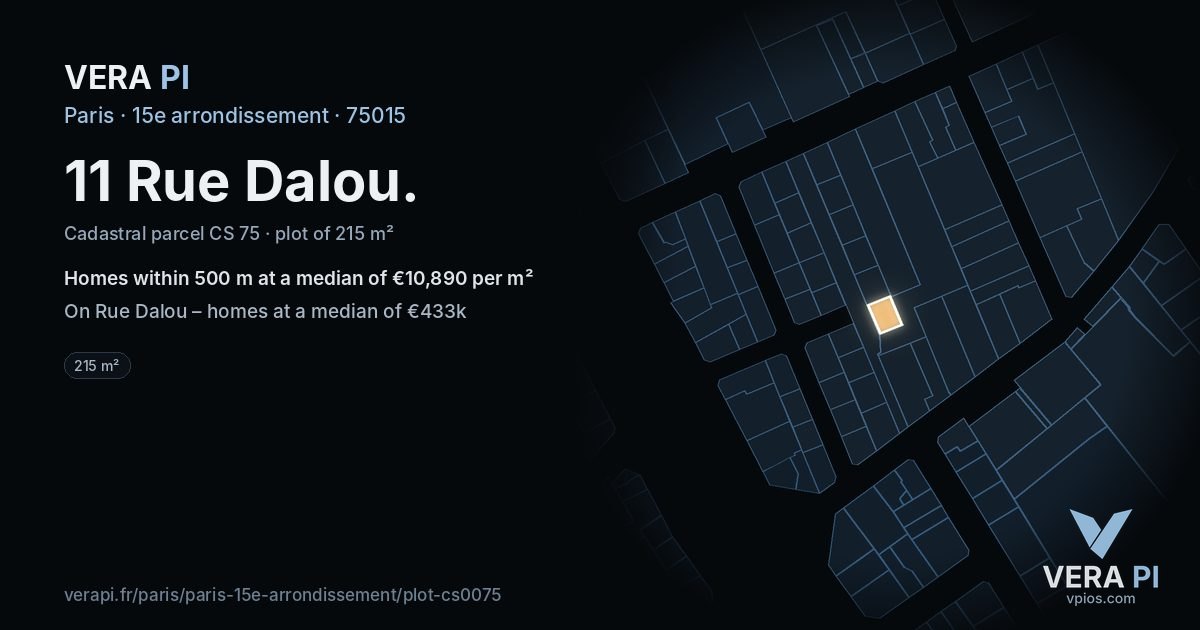 11 Rue Dalou, 15e arrondissement at night – the plot lit, the parcels around coloured by the prices near them