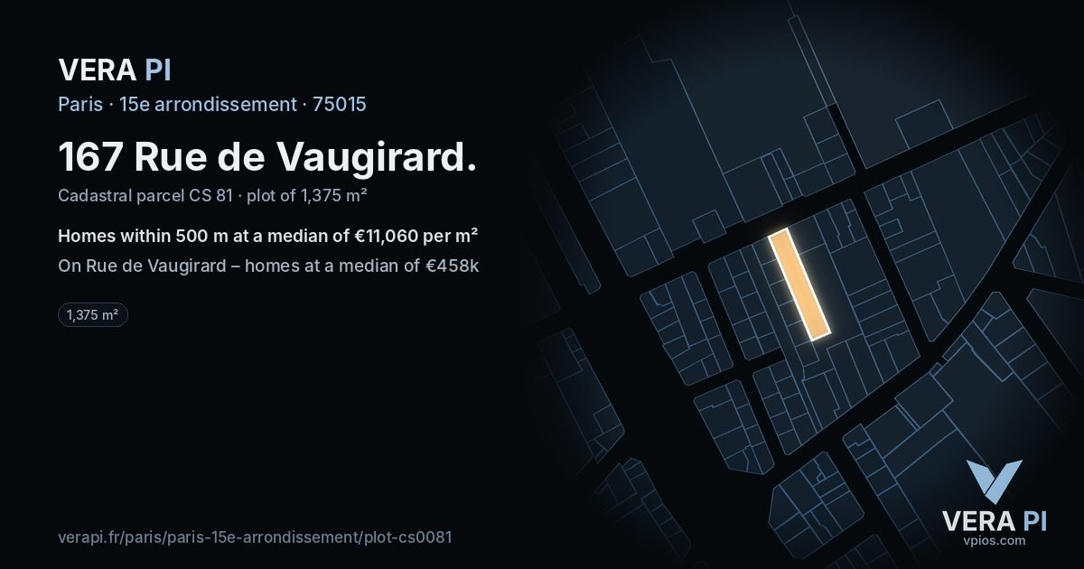167 Rue de Vaugirard, 15e arrondissement at night – the plot lit, the parcels around coloured by the prices near them