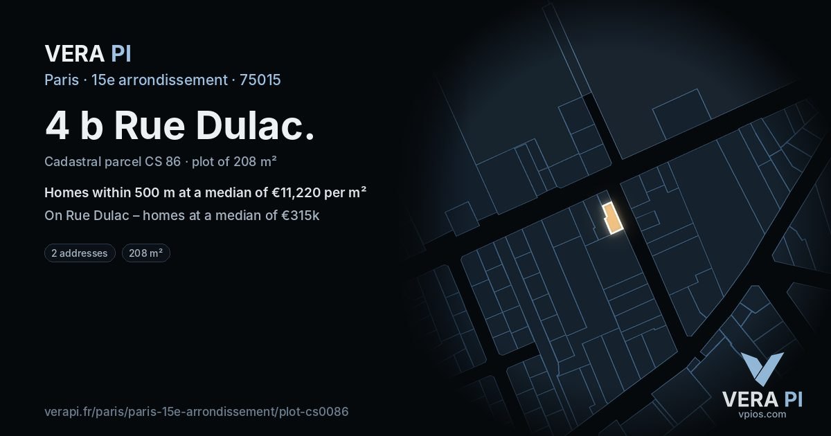 4 b Rue Dulac, 15e arrondissement at night – the plot lit, the parcels around coloured by the prices near them