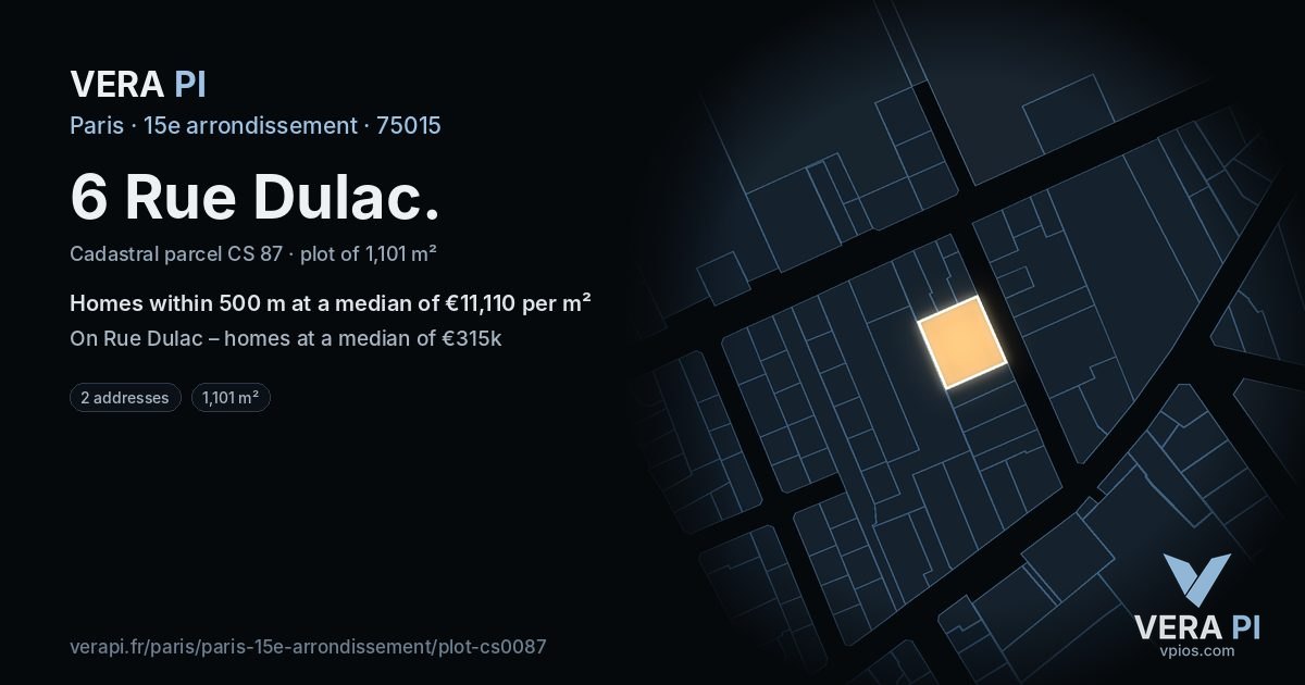6 Rue Dulac, 15e arrondissement at night – the plot lit, the parcels around coloured by the prices near them
