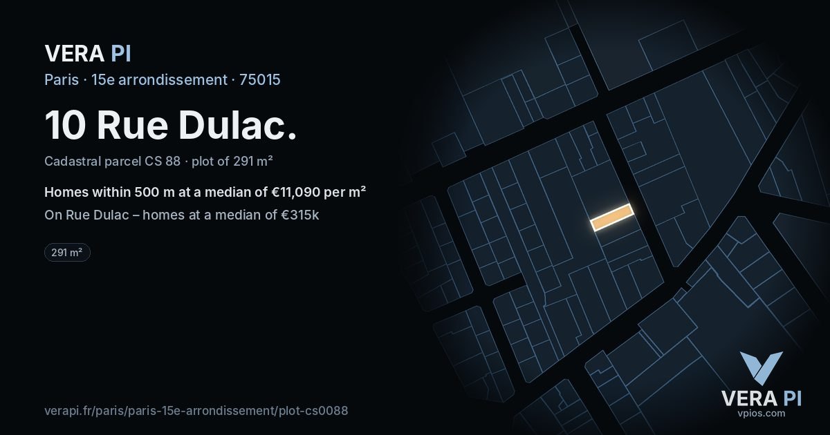 10 Rue Dulac, 15e arrondissement at night – the plot lit, the parcels around coloured by the prices near them