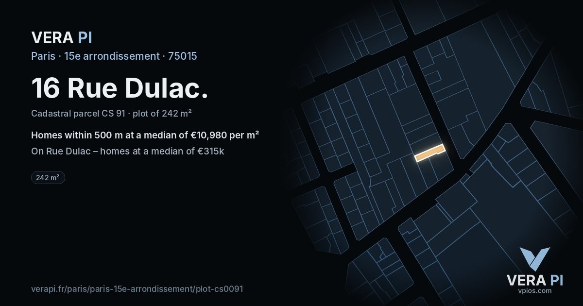 16 Rue Dulac, 15e arrondissement at night – the plot lit, the parcels around coloured by the prices near them