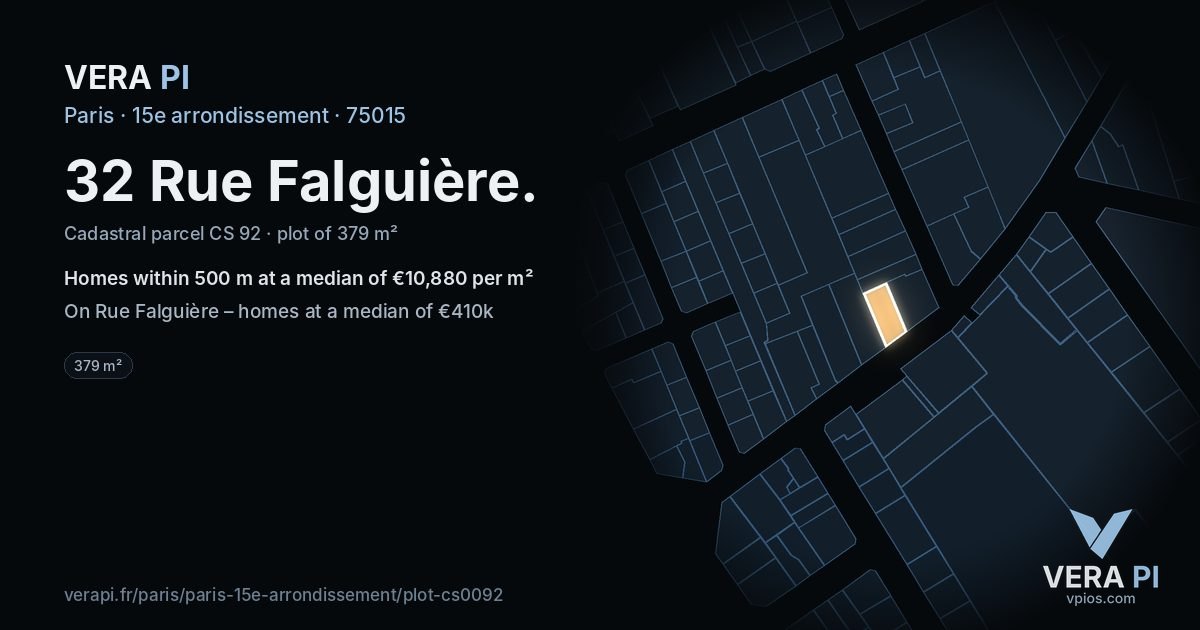 32 Rue Falguière, 15e arrondissement at night – the plot lit, the parcels around coloured by the prices near them