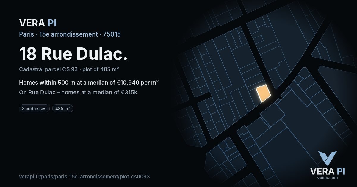 18 Rue Dulac, 15e arrondissement at night – the plot lit, the parcels around coloured by the prices near them