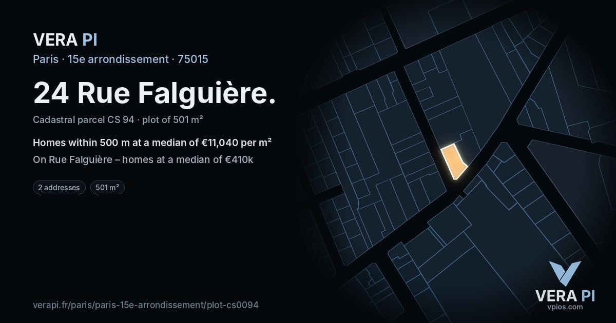 24 Rue Falguière, 15e arrondissement at night – the plot lit, the parcels around coloured by the prices near them