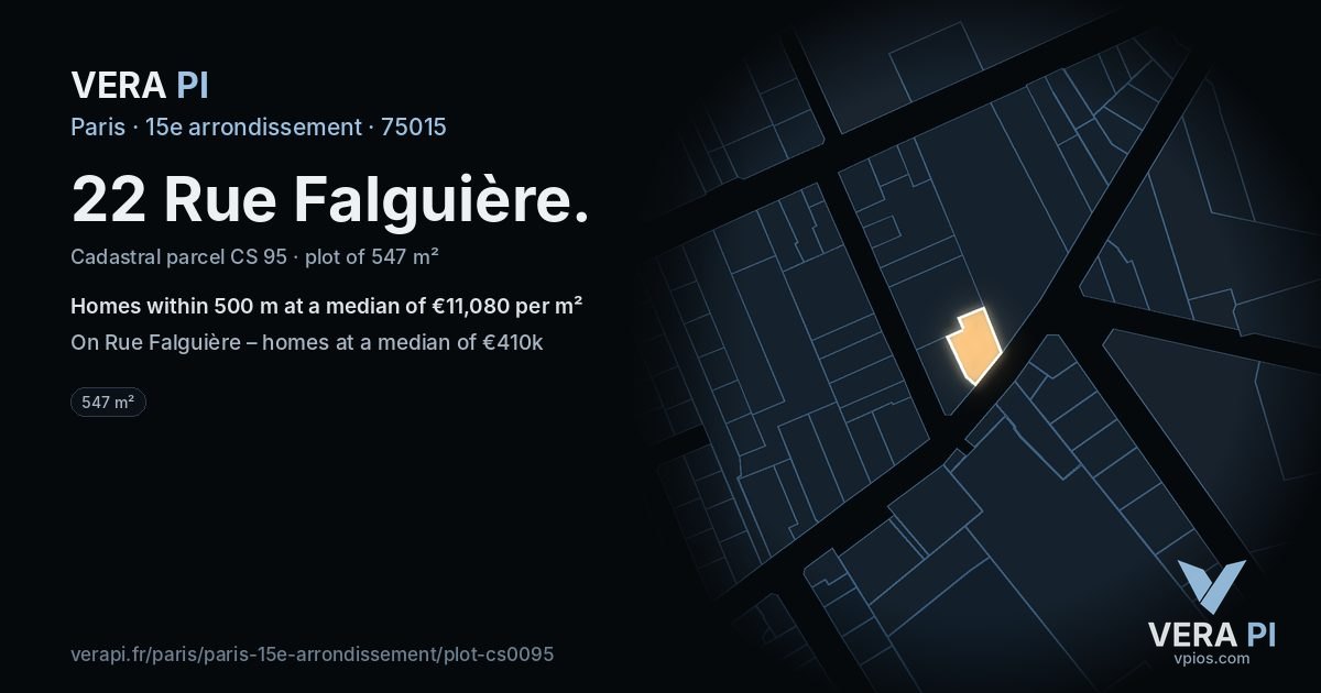 22 Rue Falguière, 15e arrondissement at night – the plot lit, the parcels around coloured by the prices near them