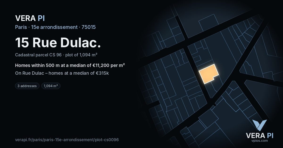 15 Rue Dulac, 15e arrondissement at night – the plot lit, the parcels around coloured by the prices near them
