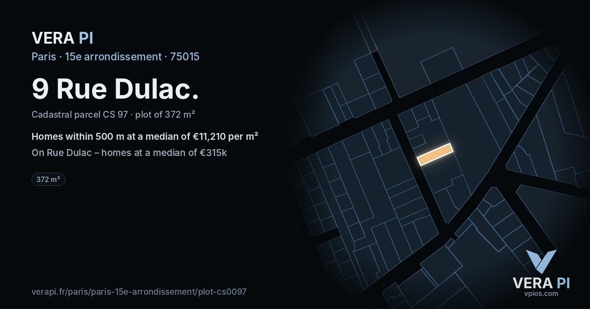 9 Rue Dulac, 15e arrondissement at night – the plot lit, the parcels around coloured by the prices near them