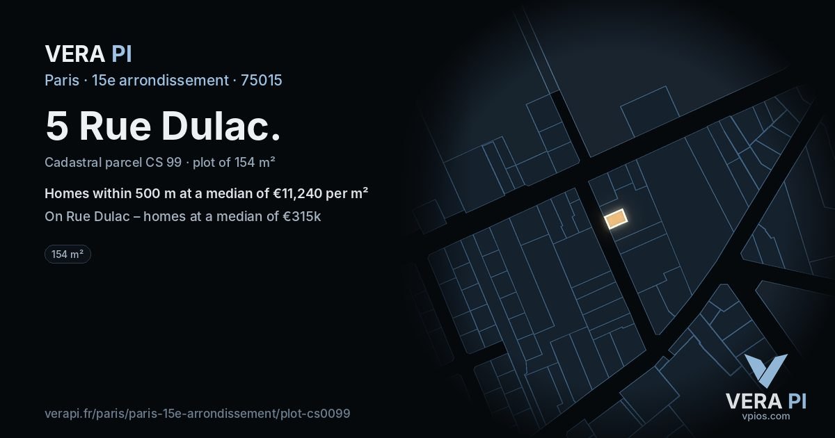 5 Rue Dulac, 15e arrondissement at night – the plot lit, the parcels around coloured by the prices near them