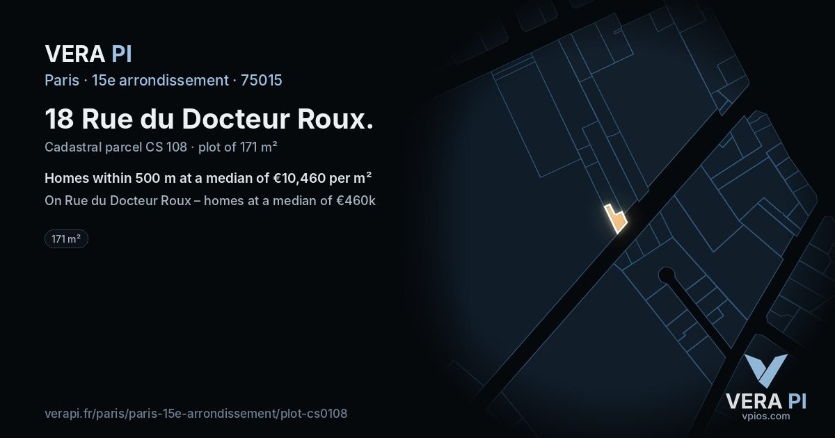 18 Rue du Docteur Roux, 15e arrondissement at night – the plot lit, the parcels around coloured by the prices near them