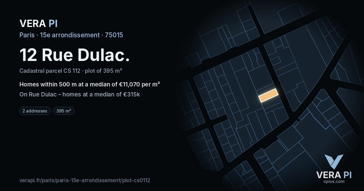 12 Rue Dulac, 15e arrondissement at night – the plot lit, the parcels around coloured by the prices near them