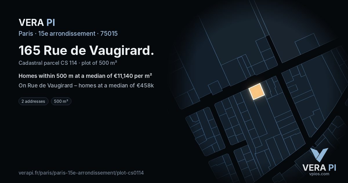165 Rue de Vaugirard, 15e arrondissement at night – the plot lit, the parcels around coloured by the prices near them
