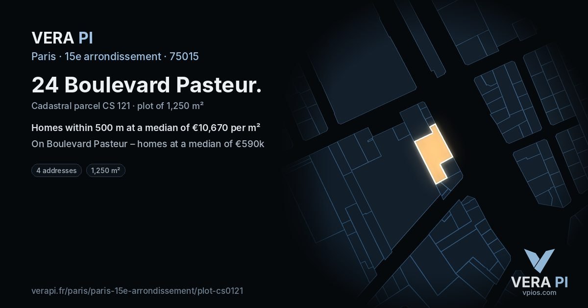 24 Boulevard Pasteur, 15e arrondissement at night – the plot lit, the parcels around coloured by the prices near them