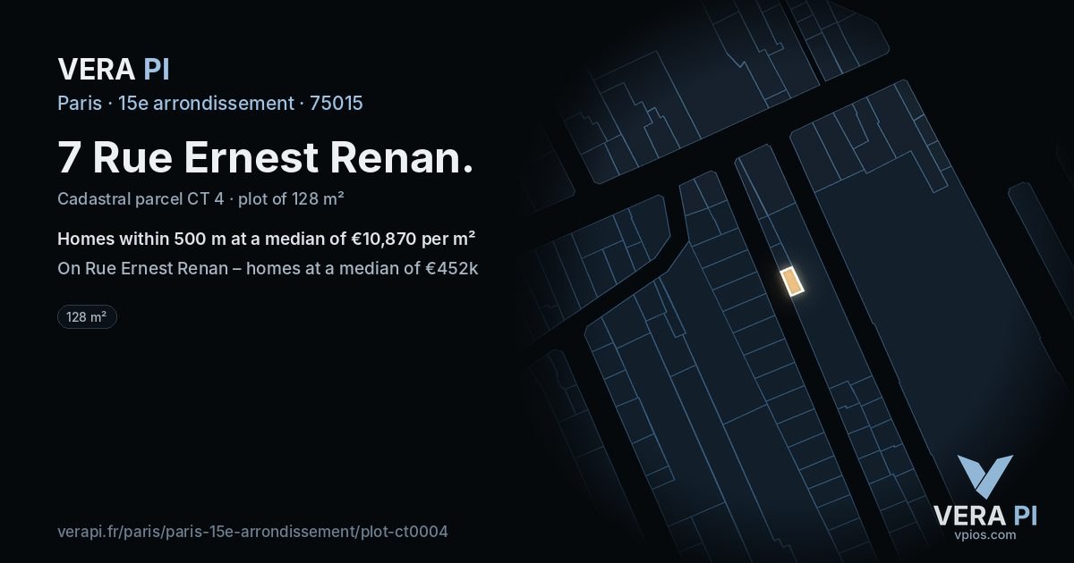 7 Rue Ernest Renan, 15e arrondissement at night – the plot lit, the parcels around coloured by the prices near them