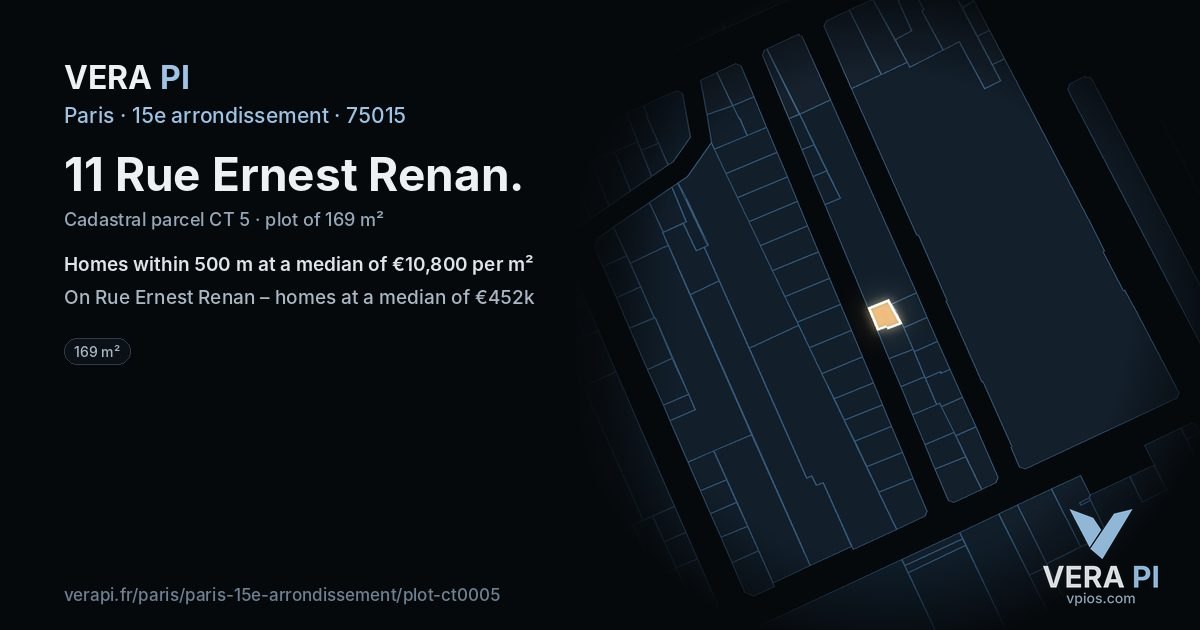 11 Rue Ernest Renan, 15e arrondissement at night – the plot lit, the parcels around coloured by the prices near them