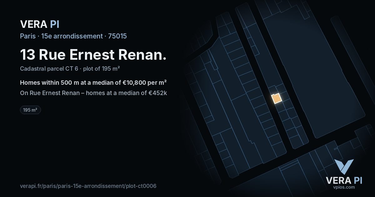 13 Rue Ernest Renan, 15e arrondissement at night – the plot lit, the parcels around coloured by the prices near them