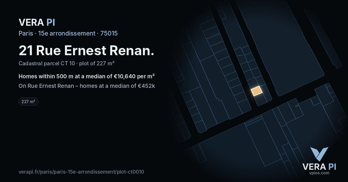 21 Rue Ernest Renan, 15e arrondissement at night – the plot lit, the parcels around coloured by the prices near them