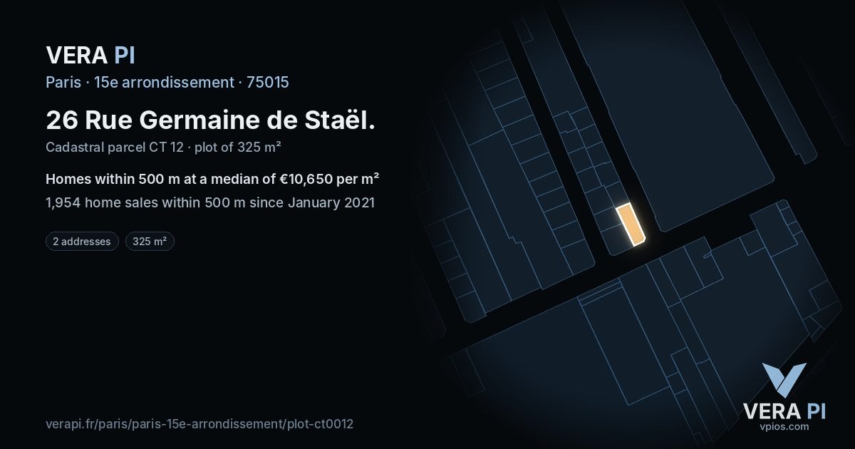 26 Rue Germaine de Staël, 15e arrondissement at night – the plot lit, the parcels around coloured by the prices near them