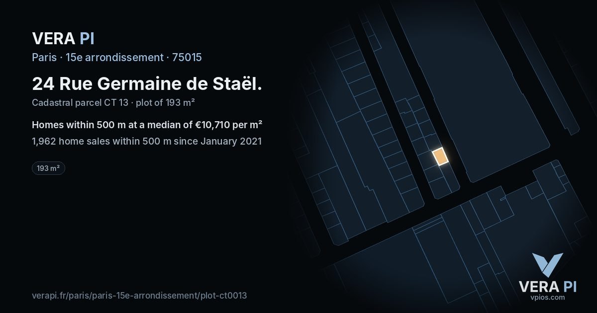 24 Rue Germaine de Staël, 15e arrondissement at night – the plot lit, the parcels around coloured by the prices near them