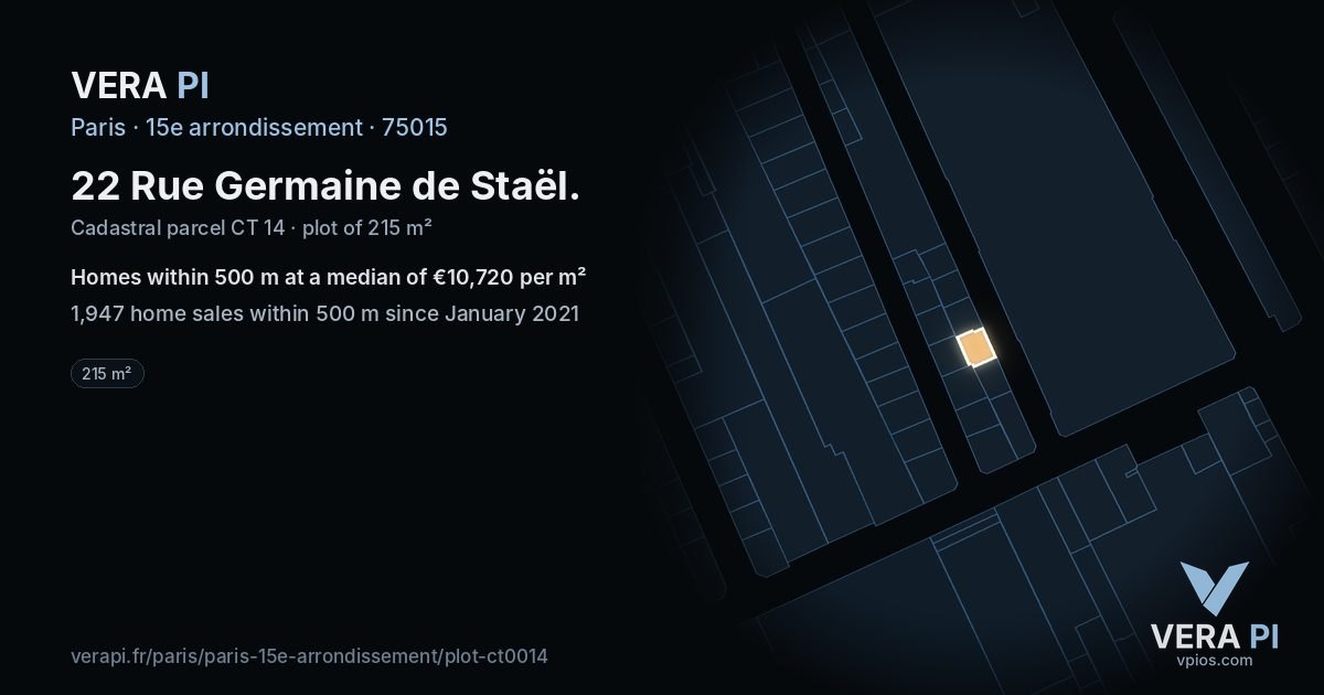 22 Rue Germaine de Staël, 15e arrondissement at night – the plot lit, the parcels around coloured by the prices near them