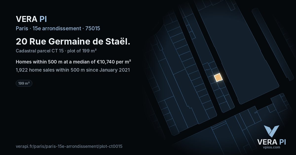 20 Rue Germaine de Staël, 15e arrondissement at night – the plot lit, the parcels around coloured by the prices near them
