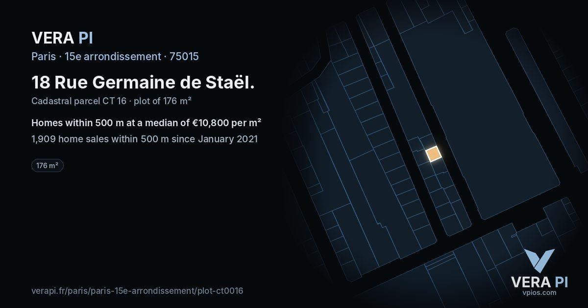 18 Rue Germaine de Staël, 15e arrondissement at night – the plot lit, the parcels around coloured by the prices near them