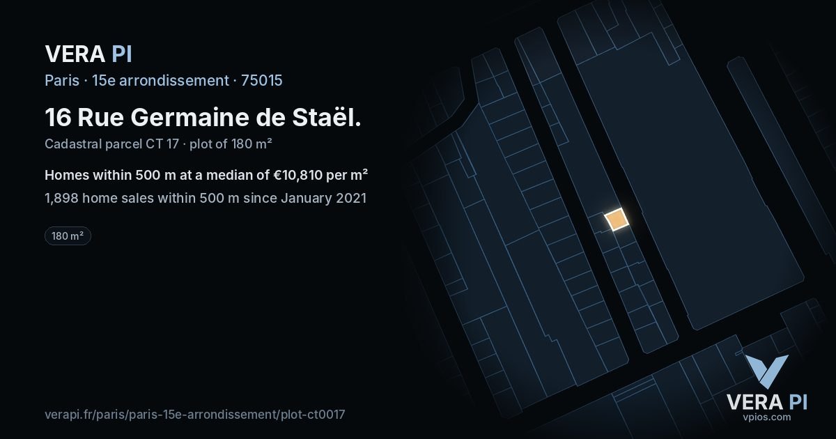 16 Rue Germaine de Staël, 15e arrondissement at night – the plot lit, the parcels around coloured by the prices near them