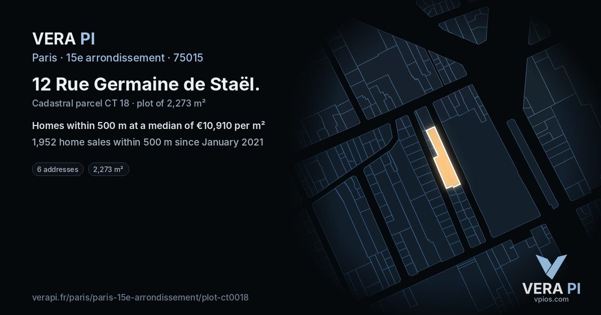 12 Rue Germaine de Staël, 15e arrondissement at night – the plot lit, the parcels around coloured by the prices near them