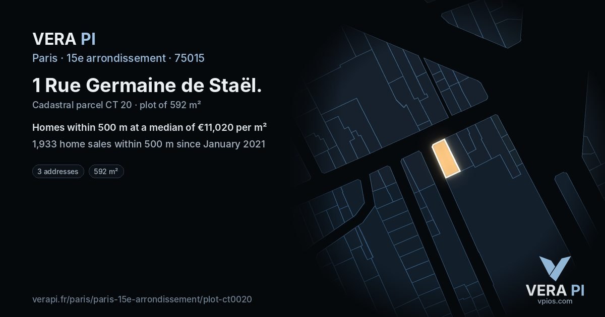 1 Rue Germaine de Staël, 15e arrondissement at night – the plot lit, the parcels around coloured by the prices near them