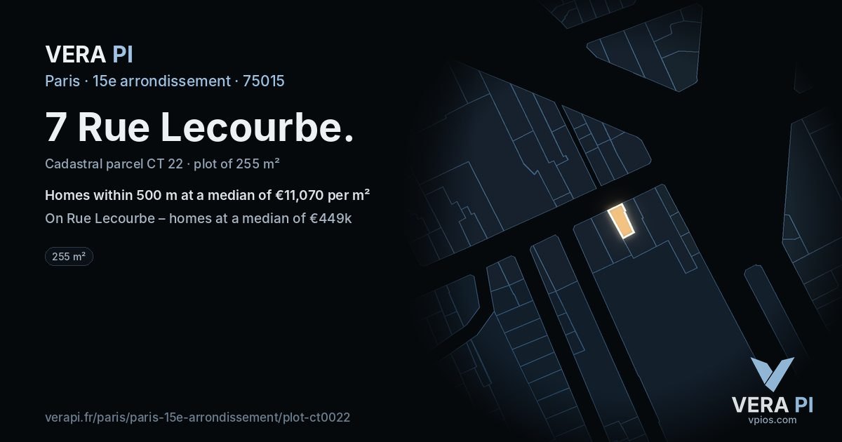 7 Rue Lecourbe, 15e arrondissement at night – the plot lit, the parcels around coloured by the prices near them