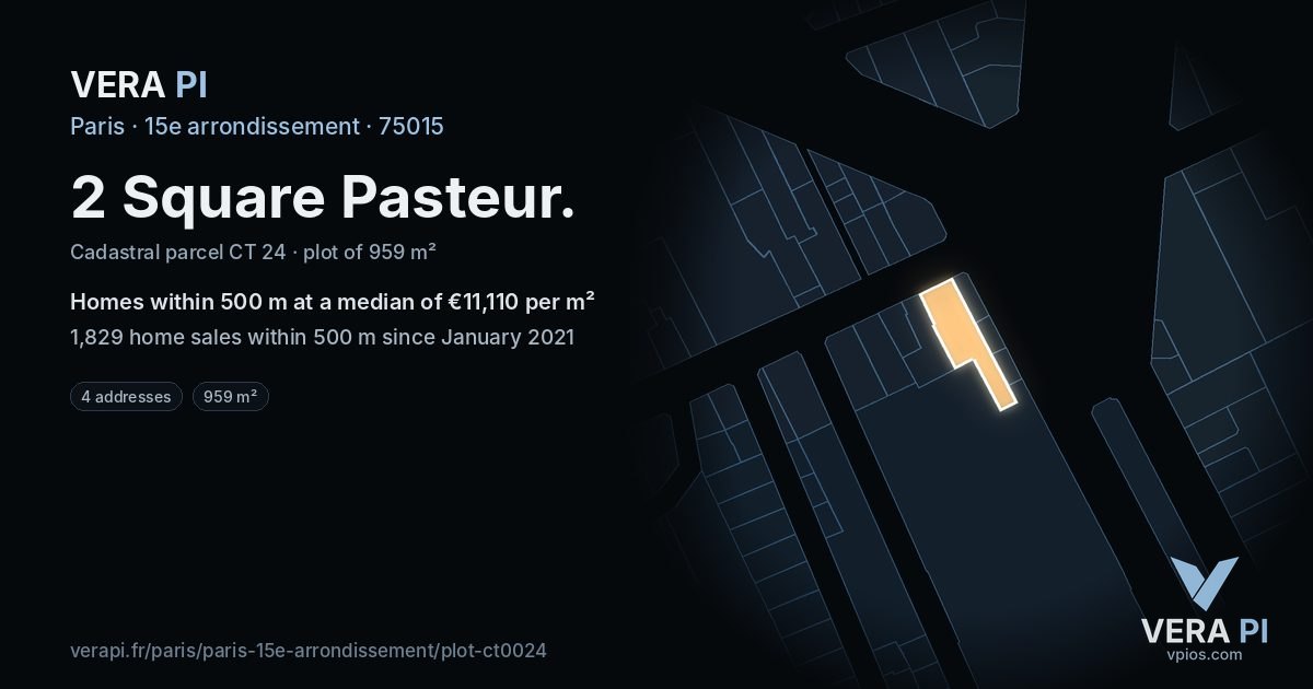 2 Square Pasteur, 15e arrondissement at night – the plot lit, the parcels around coloured by the prices near them