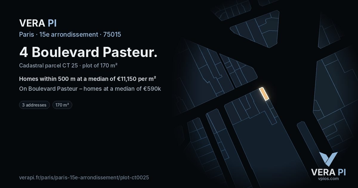 4 Boulevard Pasteur, 15e arrondissement at night – the plot lit, the parcels around coloured by the prices near them