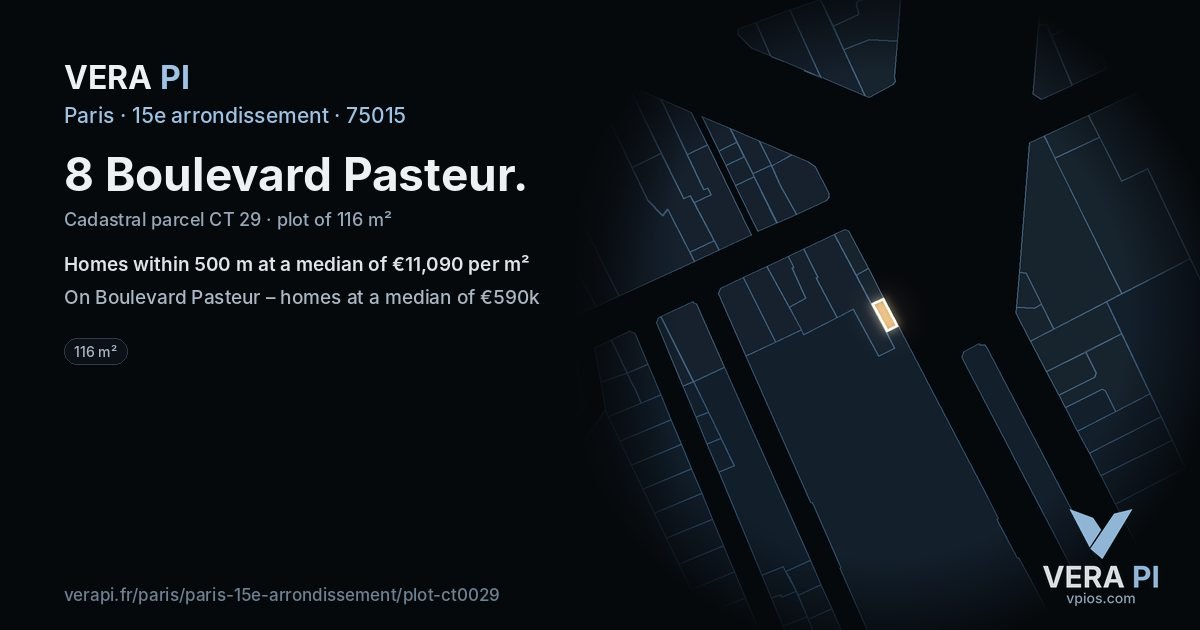 8 Boulevard Pasteur, 15e arrondissement at night – the plot lit, the parcels around coloured by the prices near them