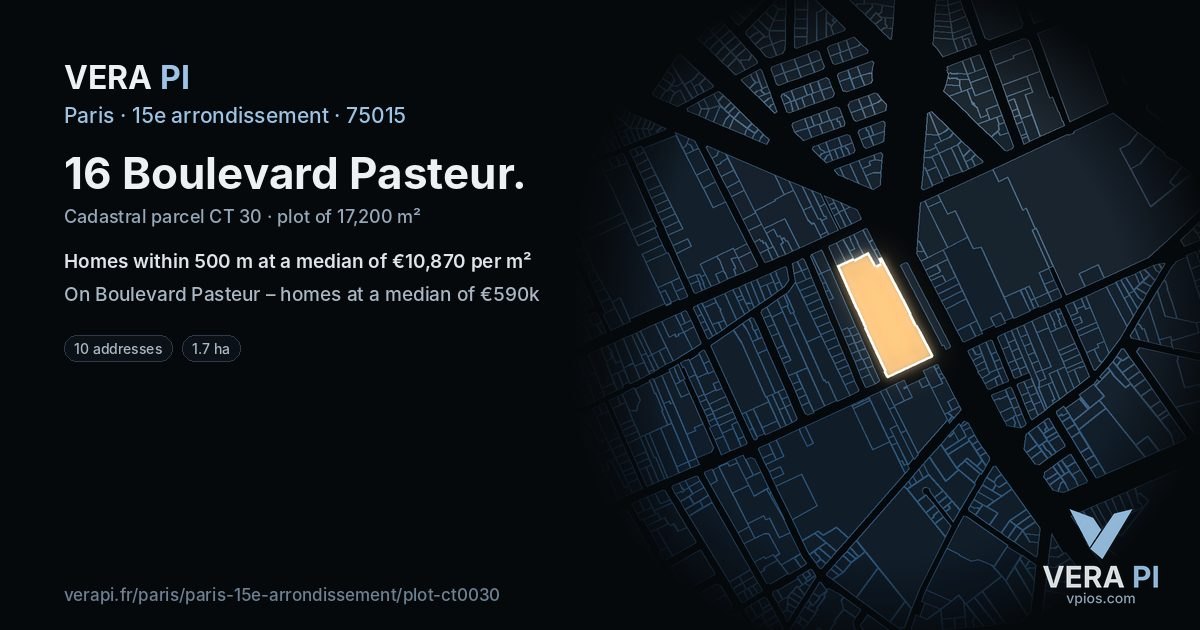16 Boulevard Pasteur, 15e arrondissement at night – the plot lit, the parcels around coloured by the prices near them