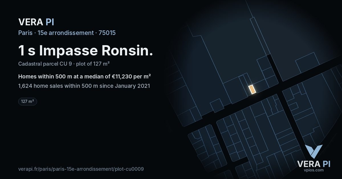 1 s Impasse Ronsin, 15e arrondissement at night – the plot lit, the parcels around coloured by the prices near them