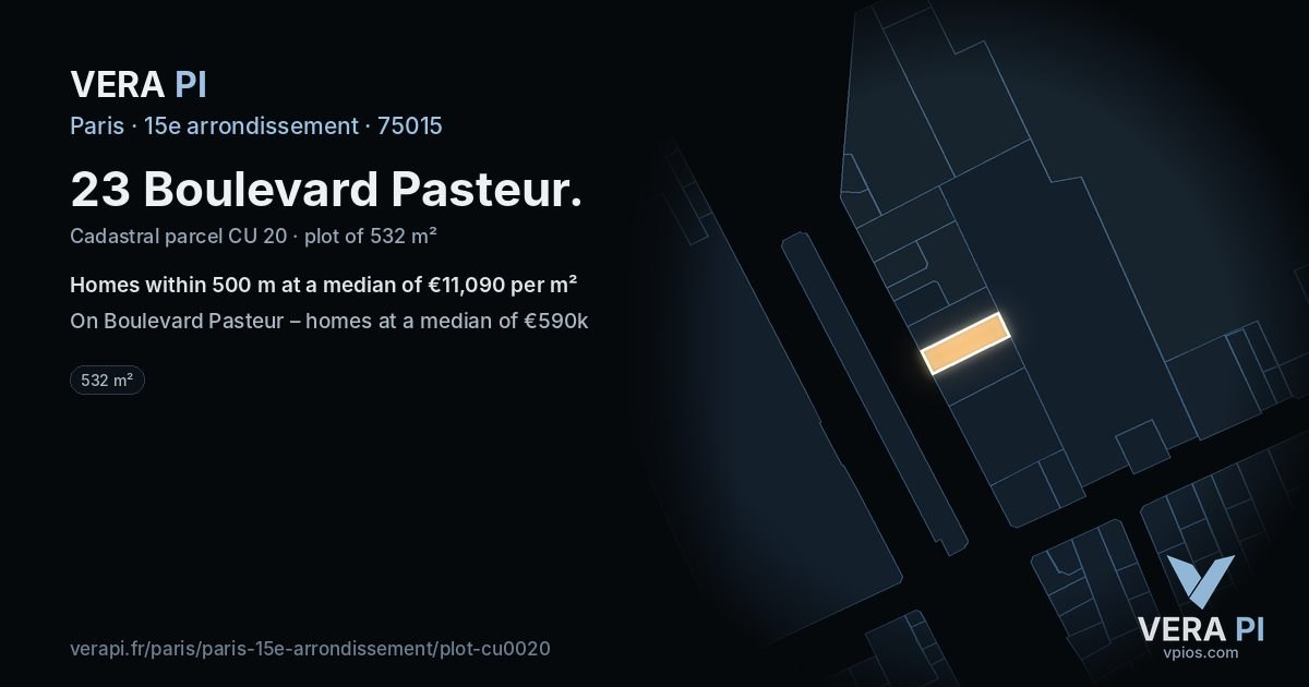 23 Boulevard Pasteur, 15e arrondissement at night – the plot lit, the parcels around coloured by the prices near them