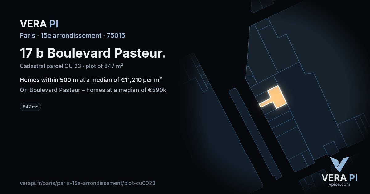 17 b Boulevard Pasteur, 15e arrondissement at night – the plot lit, the parcels around coloured by the prices near them